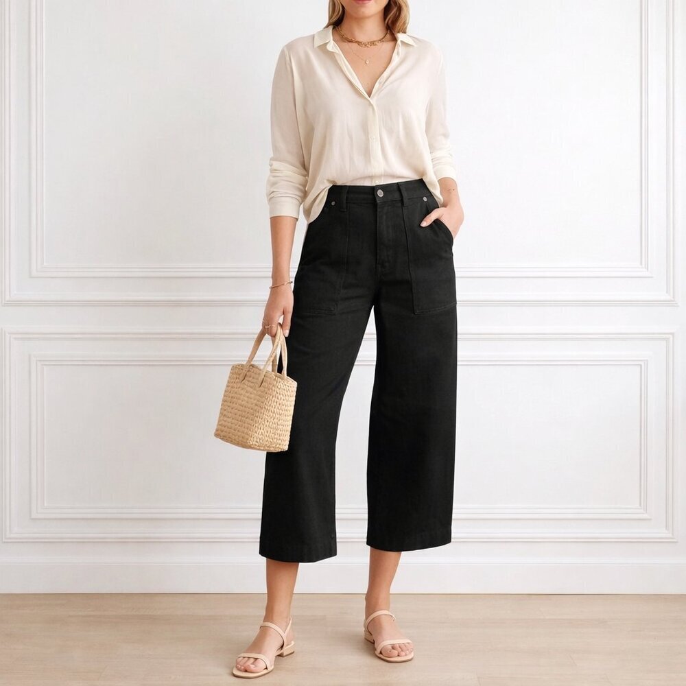 KHAITE Hewey Cropped High Rise Wide leg Jeans Black